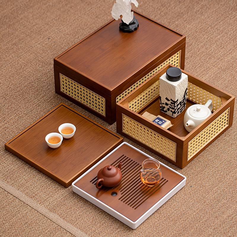 Hộp đựng đồ đa năng gia dụng khay trà bộ trà kungfu đan mây tre đan kiểu Nhật bộ khay trà khay đựng đồ cổ điển