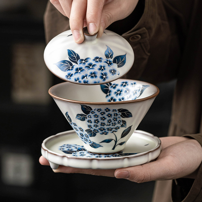Giả Song Ru lò xô mũ ba cái nắp bát mỡ lợn đông lạnh bát trà hoa cẩm tú cầu xanh có nắp một bát hai chén không nóng tay