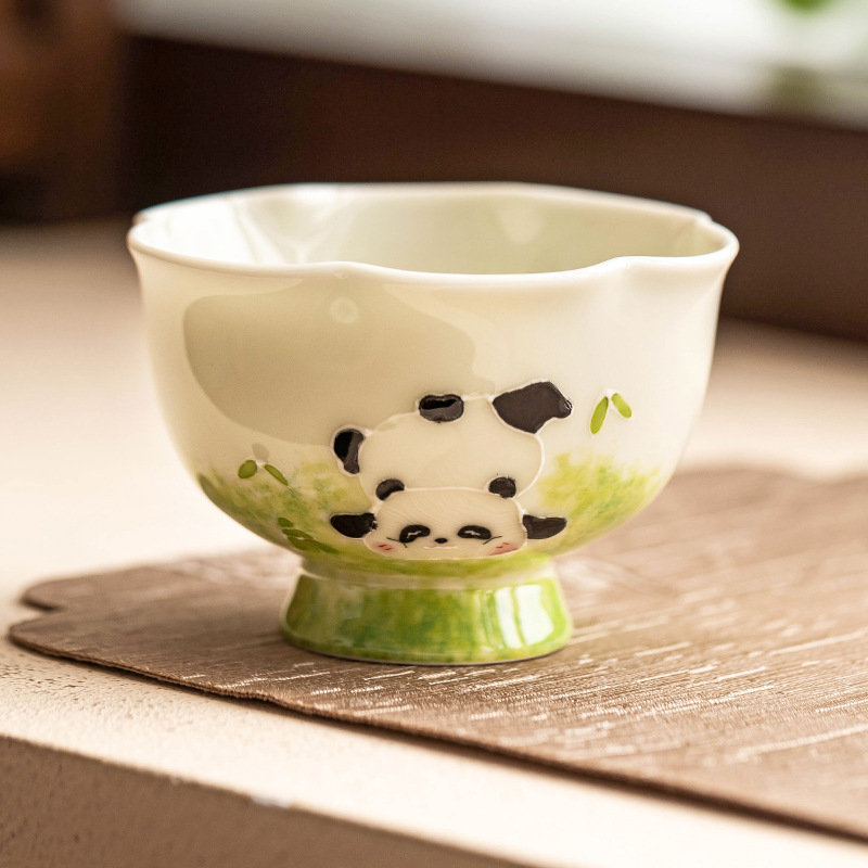 Chén trà Kung Fu màu xám cỏ, chén vẽ tay, chén chủ nhân hình gấu trúc chạm khắc, chén đặc biệt uống trà, chén trà, chén đơn