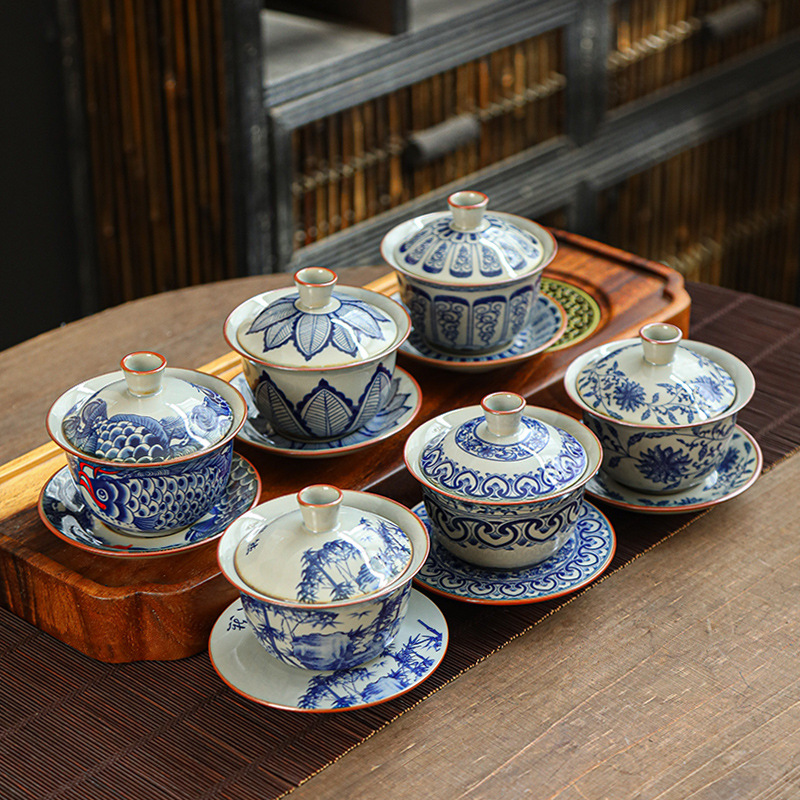 Bát có nắp tam tài màu xanh lam cổ cốc pha trà Kung Fu gốm sứ bát có nắp pha trà đơn bát trà chống bỏng gia dụng cốc trà