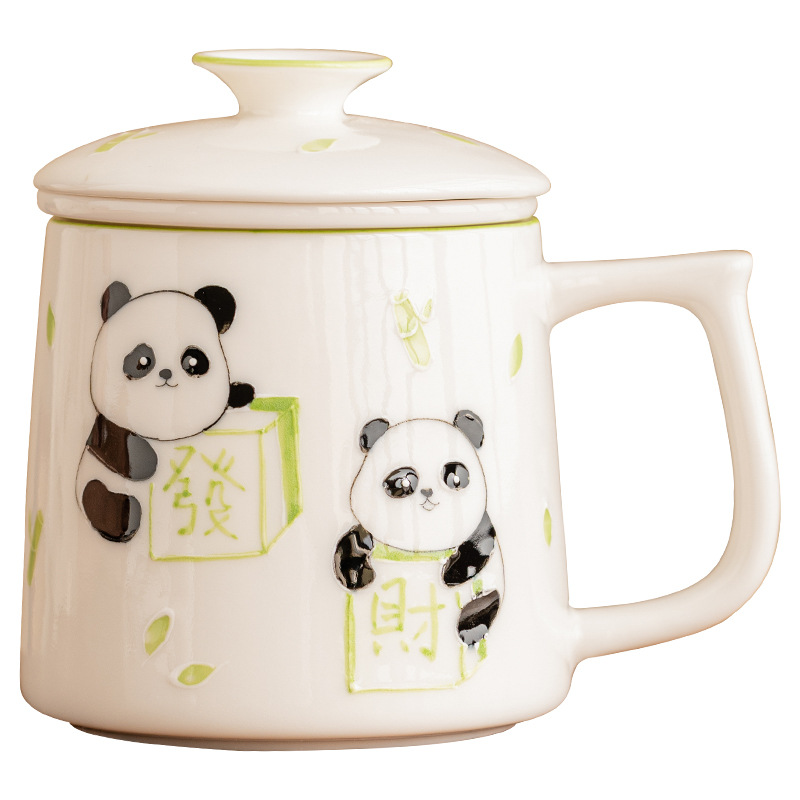 Cốc pha trà mạt chược gấu trúc vẽ tay cốc văn phòng tinh tế cao cấp cốc gốm sứ cốc tách nước trà cốc có lót