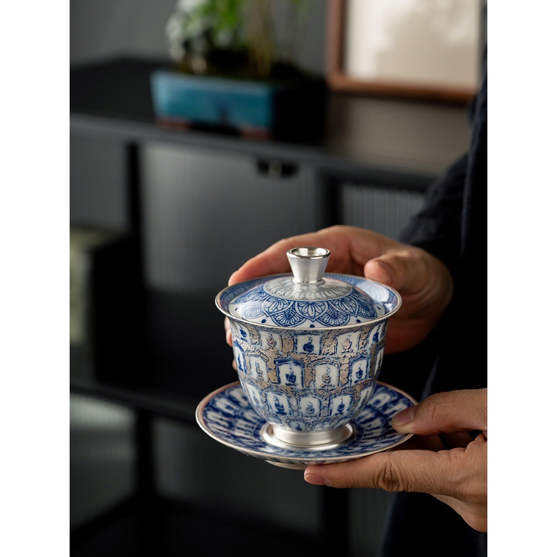 Ấm trà bạc nguyên chất He Fusen Ấm pha trà xanh trắng Vạn Phật ở Động Đôn Hoàng