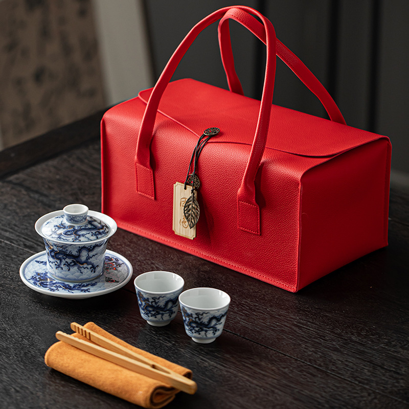 Bộ dụng cụ trà cốc trà cốc có nắp hoa văn rồng vàng bạc túi vải đựng trà du lịch xách tay
