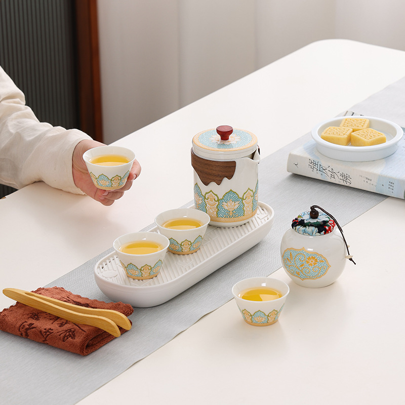 Bộ ấm trà du lịch gốm sứ Julong, ấm trà văn phòng bốn cốc cầm tay ngoài trời, quà tặng
