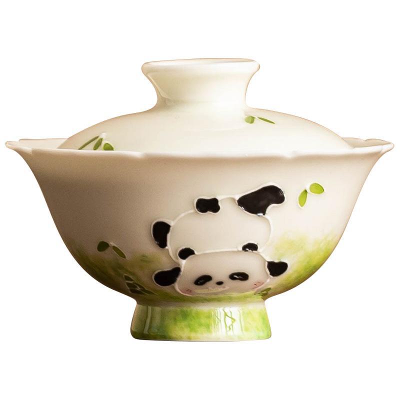 Vẽ tay đống chạm khắc gấu trúc nắp bát trà gốm sứ bộ trà gia dụng có nắp cốc pha trà cỡ nhỏ bát pha trà Kung Fu đơn