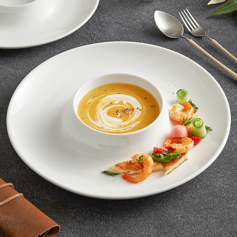 Đồ ăn phương Tây bằng gốm trắng, đĩa mũ rơm, nhà hàng khách sạn, đĩa nấu ăn phân tử, đĩa ăn, đĩa ăn đặc trưng, Bộ đồ ăn nghệ thuật