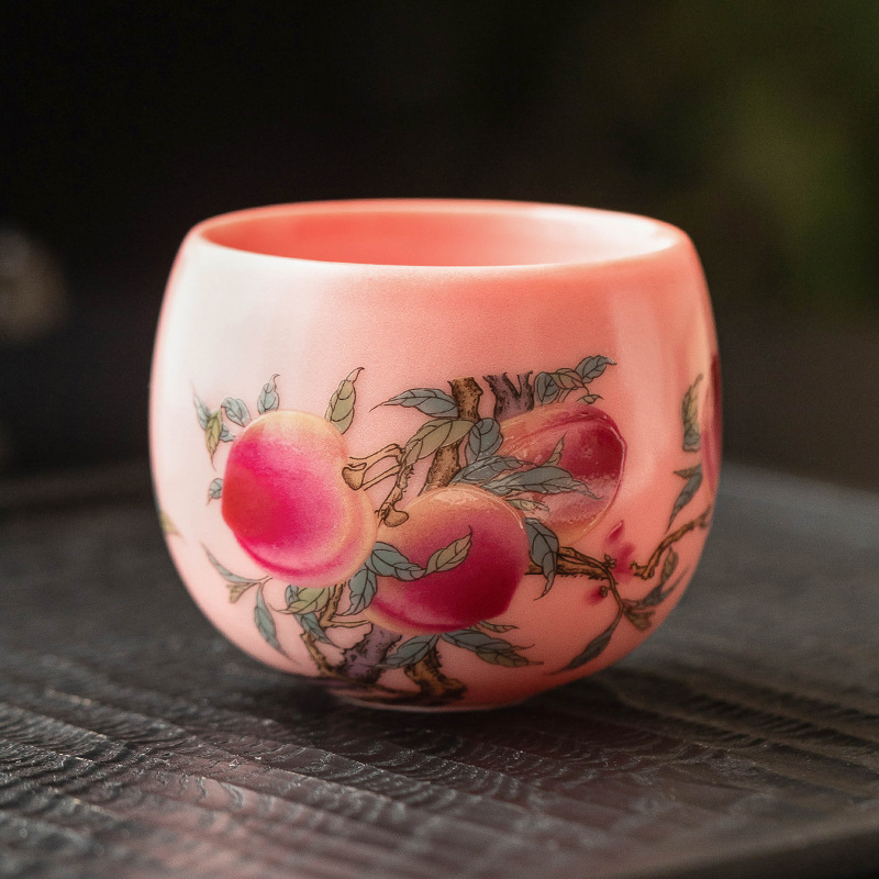 Cốc trà gốm sứ cốc chủ nhân cao cấp mỡ lợn bột đông Rufencai chín đào tròn cốc trà cốc trà cốc đơn
