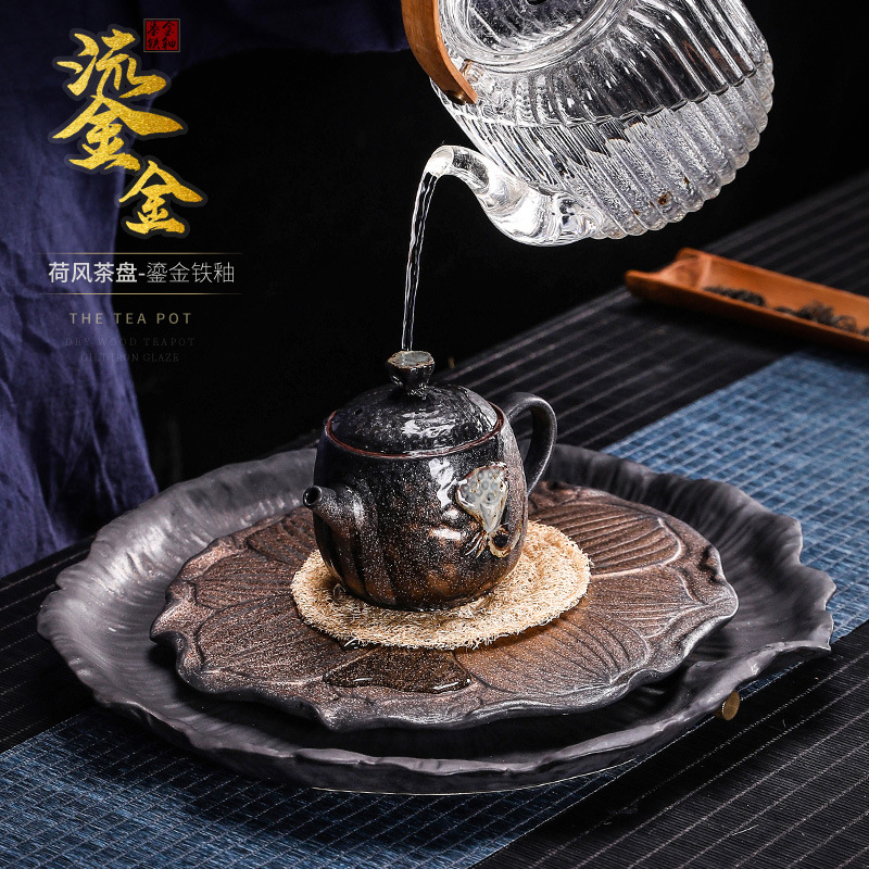 Khay trà phong cách hoa sen gốm thô lớn kiểu Nhật tráng men sắt mạ vàng trữ nước và thoát nước khay pha khô dùng kép Khay trà bàn trà cổ điển
