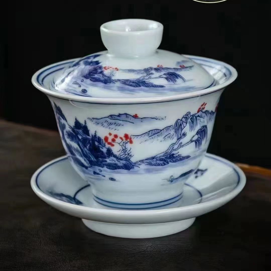 Bát Có Nắp gốm sứ Jingdezhen Bát Có Nắp sứ trắng xanh gia dụng Bát pha trà Bát có nắp tam tài cỡ lớn Cốc trà Kung Fu