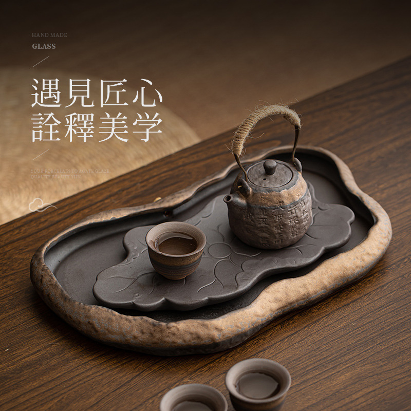 Khay trà kiểu Nhật, khay đựng nước bằng gốm, khay đựng bọt khô cỡ nhỏ, khay đựng trà Kung Fu, khay đựng ấm, khay đựng trà thiền gốm thô