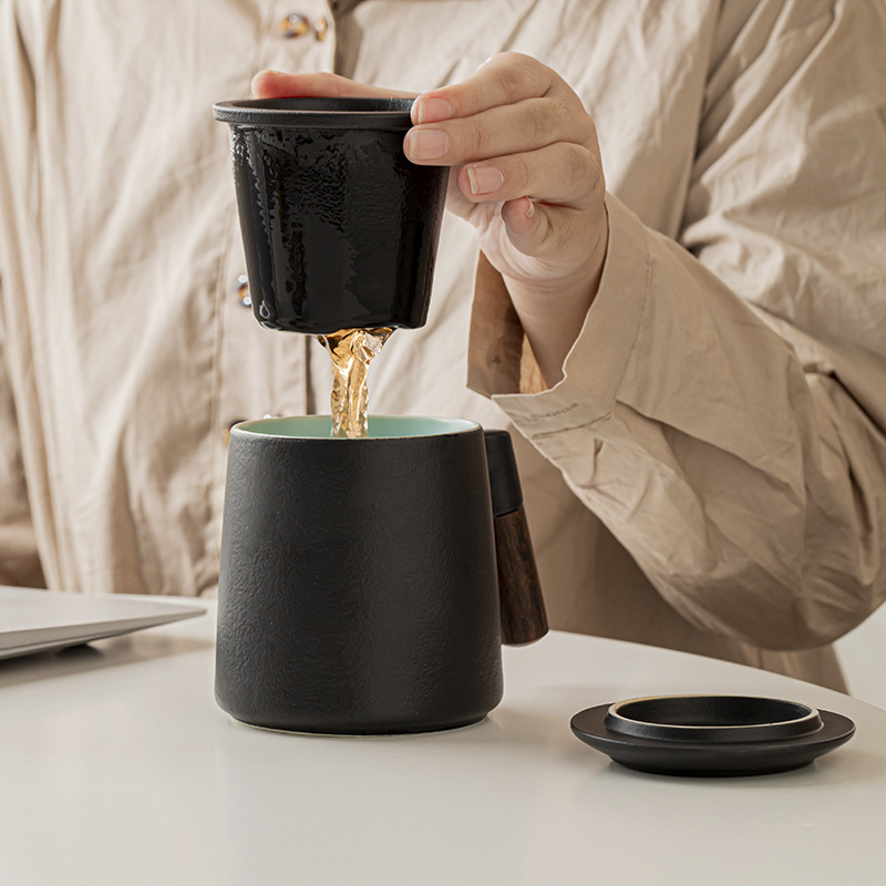 Cốc gốm sứ cốc tách nước trà Cốc văn phòng cá nhân tay cầm bằng gỗ dung tích lớn có nắp lót cốc lọc trà cốc cà phê