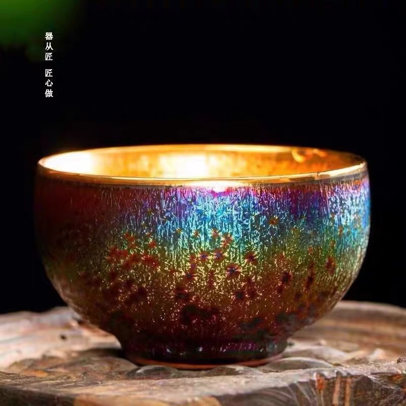 Tách trà cao cấp mạ vàng hình chim công nhiều màu sắc, điểm xuyết giọt dầu vàng obsidian, gốm sứ 24k, tách trà chuyên dụng livestream, bát trà lớn.