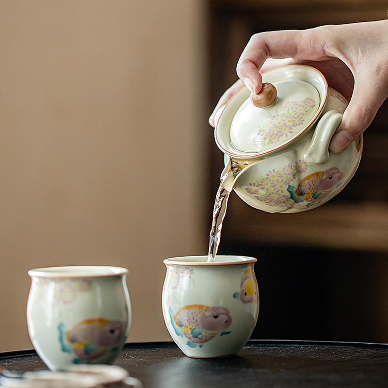 Nồi cầm tay cá vàng, bát trà gốm sứ chống bỏng gốm sứ lò Ru màu vàng Nhà Tống, dụng cụ trà Kung Fu gia dụng, ấm đơn có thể mở