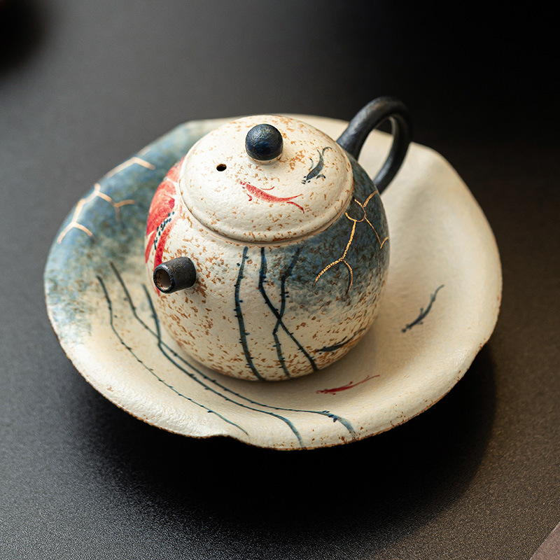 Nhà máy màu xanh và trắng đá lửa đỏ bộ ấm trà lọc trà màu đỏ chạm khắc vàng vẽ tay hoa sen vần Koi quả bóng nhỏ ấm pha trà