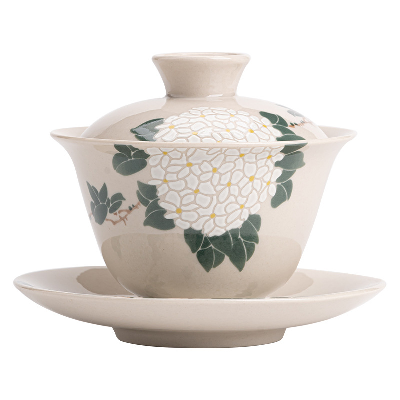 Bát có nắp ba màu xám thực vật Đồ pha trà gốm thô kiểu Nhật Bộ pha trà Kung Fu Bát pha trà gốm sứ gia dụng cốc trà đơn