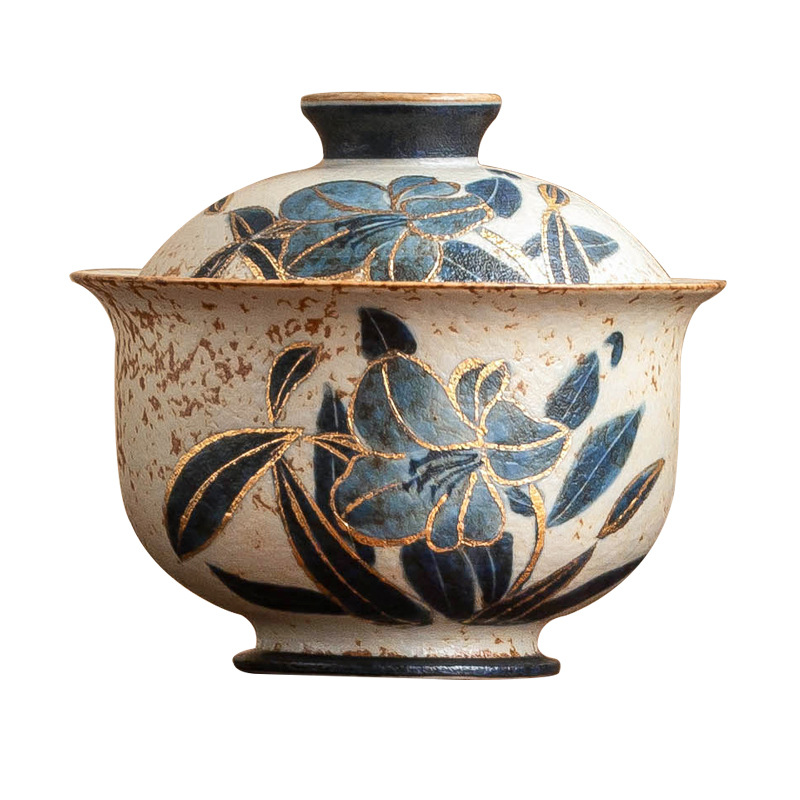 Bát gốm sứ đỏ đá lửa trắng xanh, bát trà hoa huệ vẽ tay có nắp, bộ trà kungfu gia dụng, bát pha trà đơn