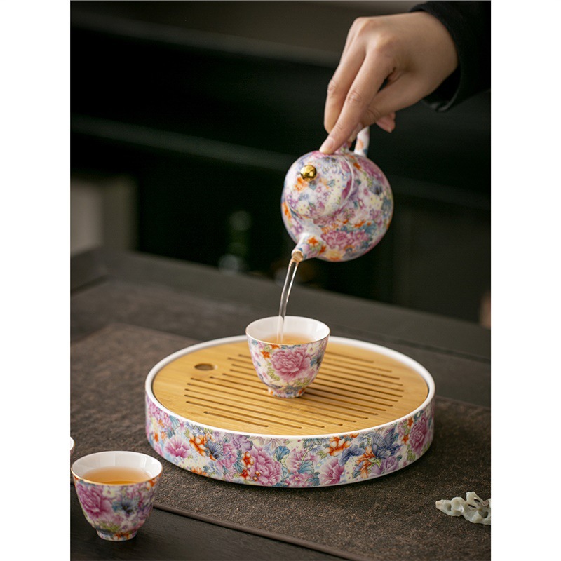 Khay trà gốm tròn tráng men vạn hoa, bàn trà cổ kiểu Đài Trung, khay trà tròn lớn, bán buôn