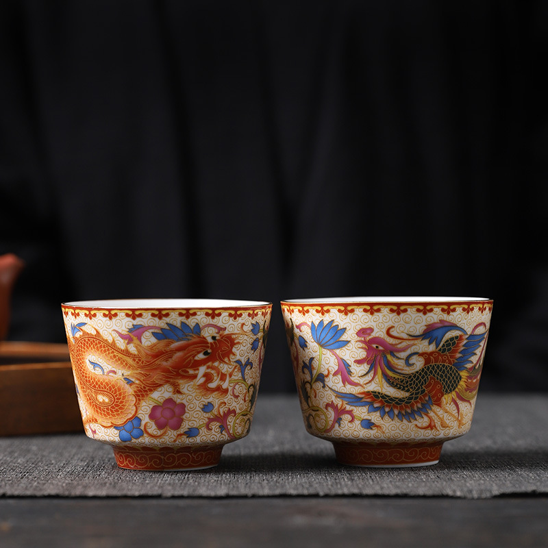 Cốc trà tráng men Jingdezhen, cốc Rồng và Phượng, cốc dành cho cặp đôi, cốc chủ nhân, cốc đơn, hộp quà cá nhân cho nam và nữ