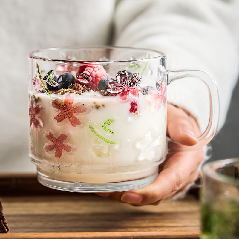 Ly thủy tinh trong suốt in hoa anh đào dâu tây dành cho nữ, ly nước cao cấp, mẫu mới 2025, ly uống cà phê sữa ăn sáng gia đình
