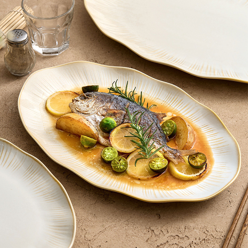 Đĩa cá hình lá sen dùng trong nhà, đĩa gốm sứ Dehua lớn, đĩa ăn, mẫu mới 2025, đĩa oval cao cấp.