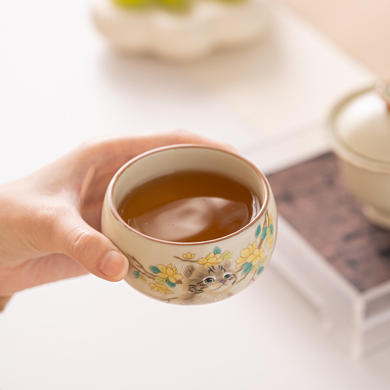 Cốc trà mèo dễ thương lò Ru vàng giả Song cốc nước dung tích lớn cốc đơn gia dụng có thể mở cốc chủ bộ trà kung fu