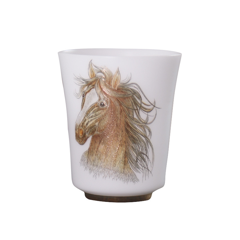 Cốc chủ nhân gốm 12 cung hoàng đạo cao cấp, cốc trà nhỏ bằng sứ trắng trơn, cốc trà ngọc bích, hoa văn lụa vàng nam nữ