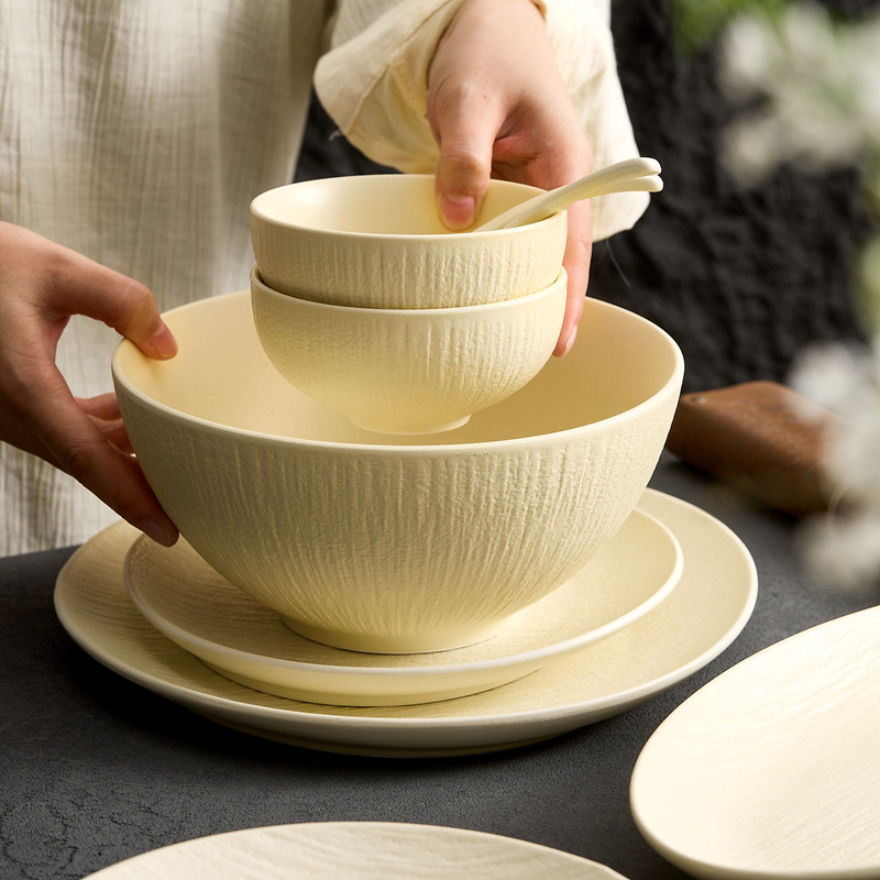 Bát đĩa cát lún màu be, bát đĩa, bát đĩa gia dụng, bát cơm gốm sứ kem, bát canh, bộ đồ ăn