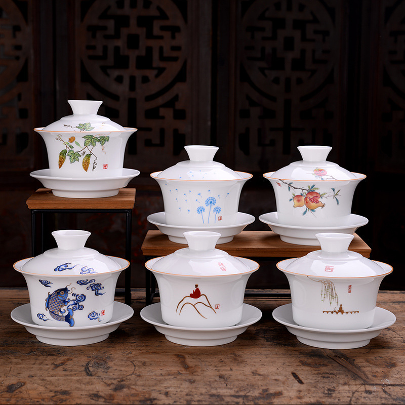 Bát có nắp tam tài Cỡ Lớn 250ml sứ trắng/trà Jilan bát đơn Bộ trà Kung Fu trà tám báu Gốm Sứ Bát Ba pháo