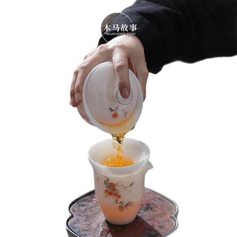 Bộ ấm chén sứ ngọc bích vẽ tay, nắp đậy, kiểu dáng cao cấp, chất liệu sứ trắng Dehua, họa tiết Sancai, hộp quà tặng sang trọng