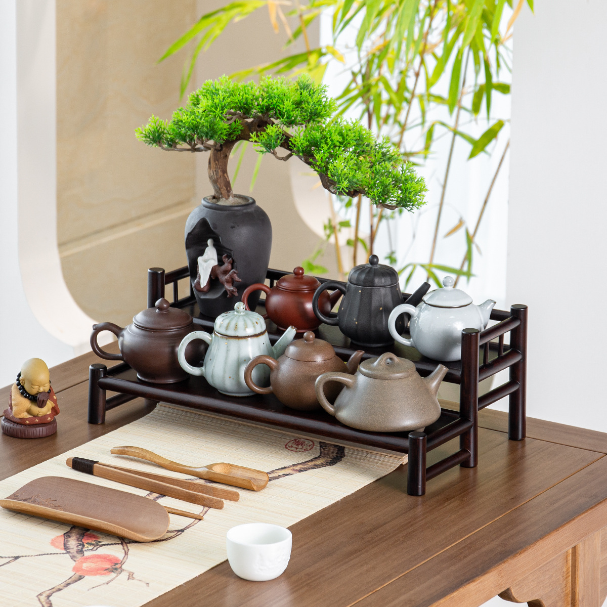 Giá để tách trà kiểu Trung Quốc, giá đựng bộ ấm trà và ấm trà, kệ trưng bày nhỏ để bàn.