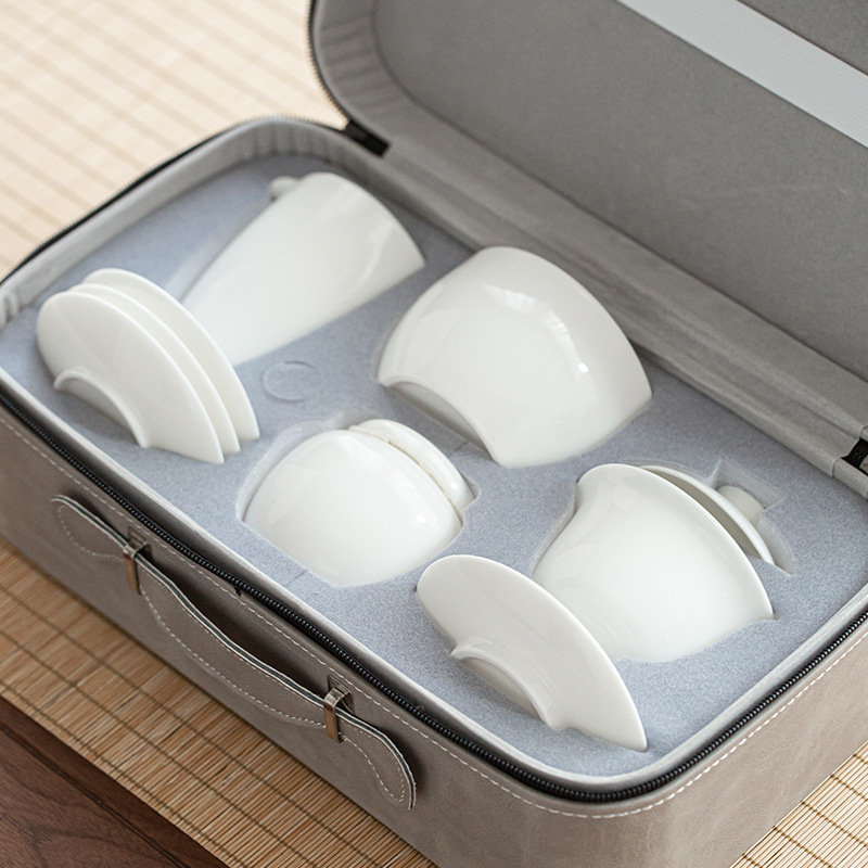 Bộ dụng cụ trà Kung Fu bằng sứ trắng Dehua túi xách tay dạy nghệ thuật trà ấm trà có nắp cốc trà quà tặng doanh nghiệp