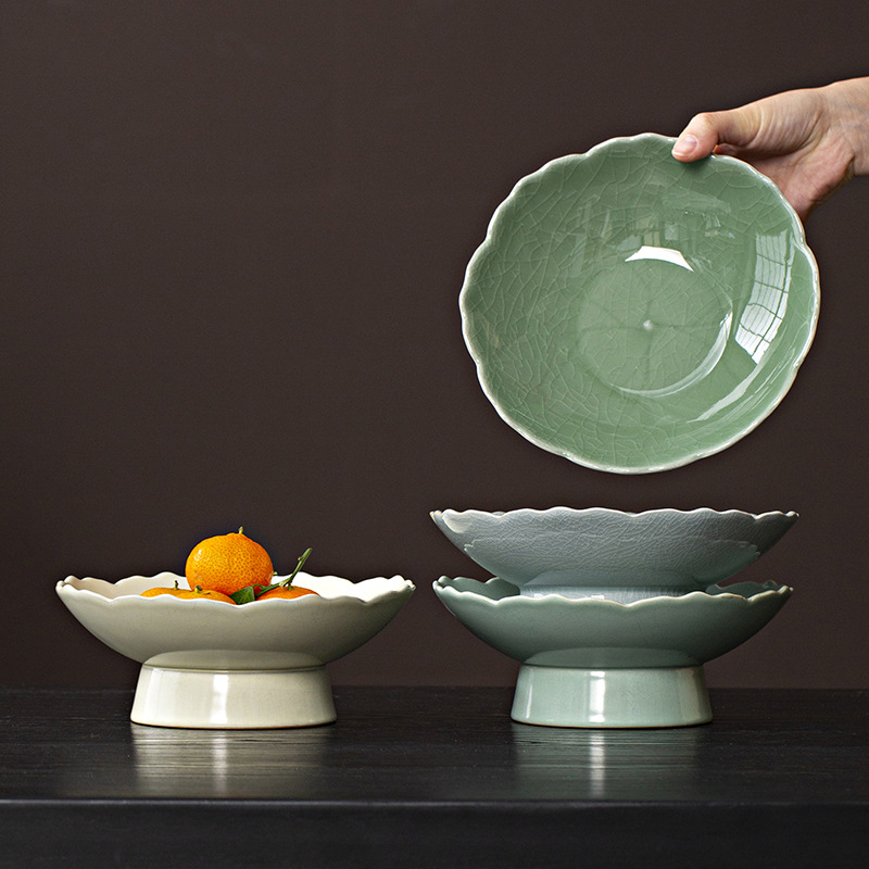 Đĩa trái cây cao bằng gốm Ge Kiln cho phòng khách gia đình, Đĩa trái cây sang trọng nhẹ nhàng cao cấp, Đĩa ăn nhẹ tráng miệng, Đĩa cúng, Đĩa trái cây.