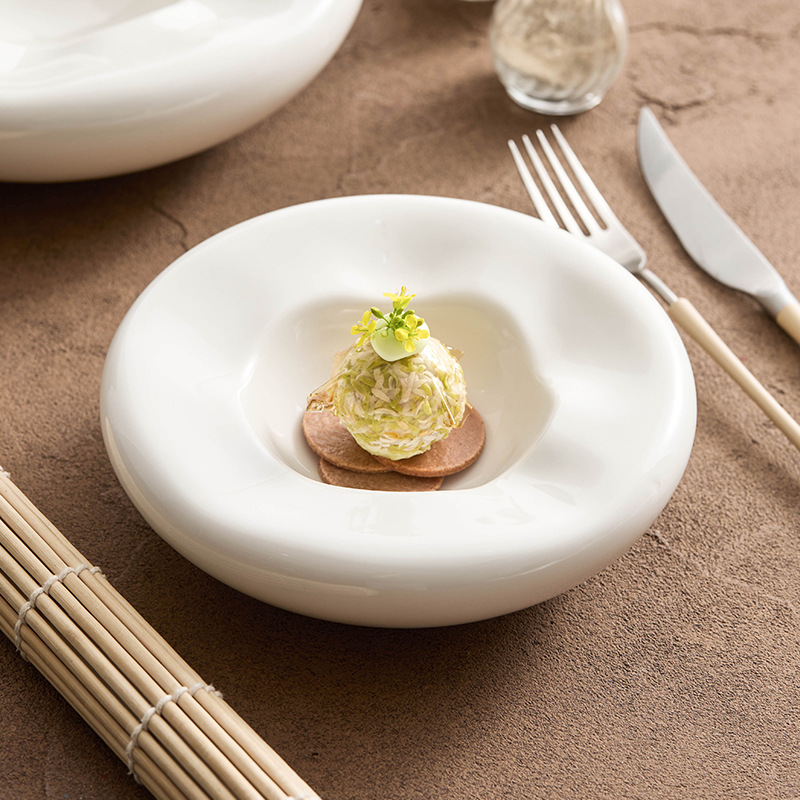 Đĩa món ăn hai lớp sứ trắng, nhà hàng khách sạn cao cấp, đĩa cách nhiệt đặc trưng sáng tạo, Đĩa tráng miệng kiểu tổ