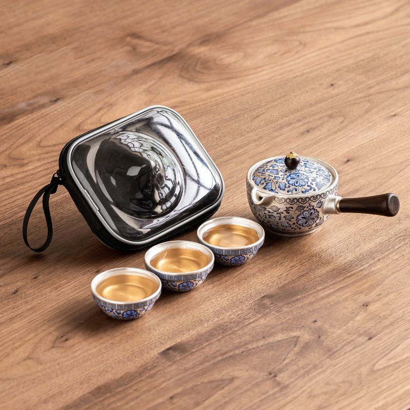 Bộ ấm trà du lịch mạ bạc 999 cây sen nhà xưởng, một ấm ba cốc, cốc khách nhanh di động, cốc bên tay cầm, cốc trà