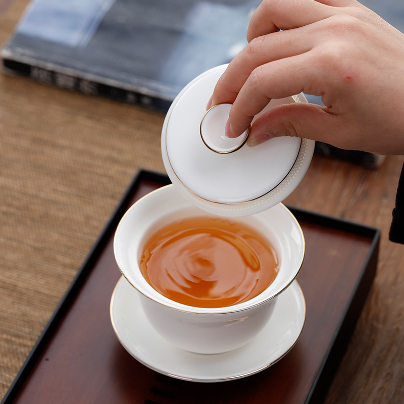 Bát Có Nắp ngọc bích mỡ cừu bát có nắp lọc trà nước 360 ° sứ trắng Kung Fu Sancai Bát có nắp cốc gốm sứ