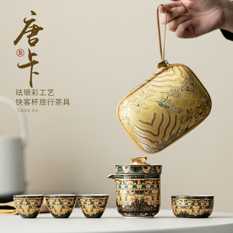 Bộ trà du lịch Thangka gốm cổ điển Bộ trà lọc cốc khách di động ngoài trời một ấm bốn cốc