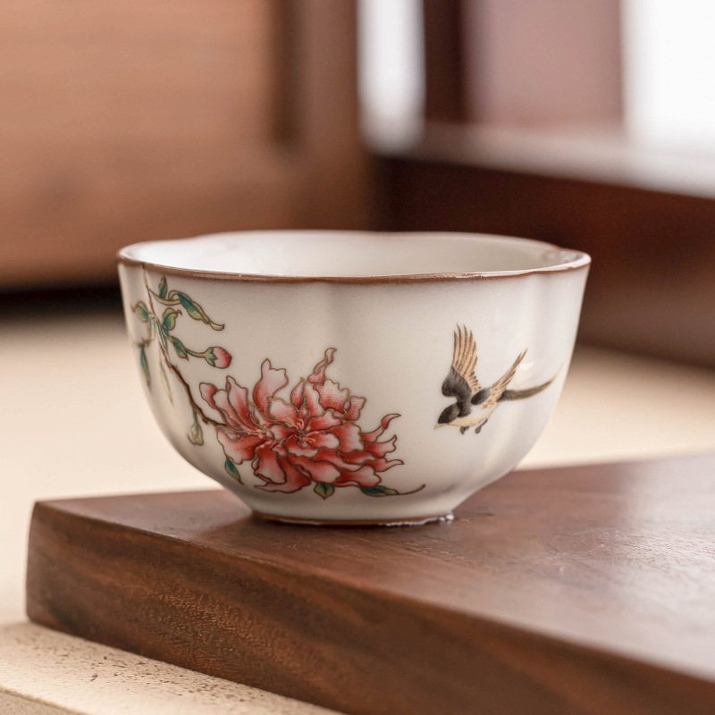 Cốc trà Kung Fu Ruyao, cốc chủ, cốc đơn, cốc trà có thể mở, thạch mỡ lợn, hoa mẫu đơn, cốc miệng hoa nhỏ, cốc trà