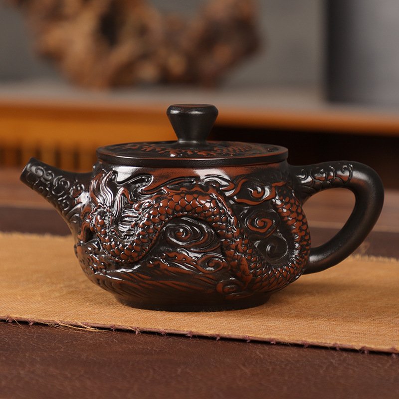 Ấm trà gốm tím Jianshui, ấm trà ngói Hán khắc thủ công, ấm trà Fengming có thể nâng xoay, bộ ấm trà gia dụng