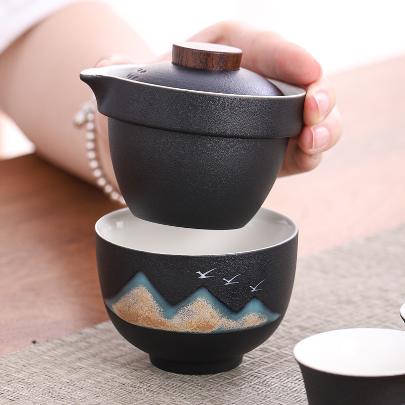 Bộ ấm trà du lịch vẽ tay Yuanshan cốc khách nhanh bằng gốm một ấm ba cốc máy pha trà ngoài trời cầm tay quà tặng