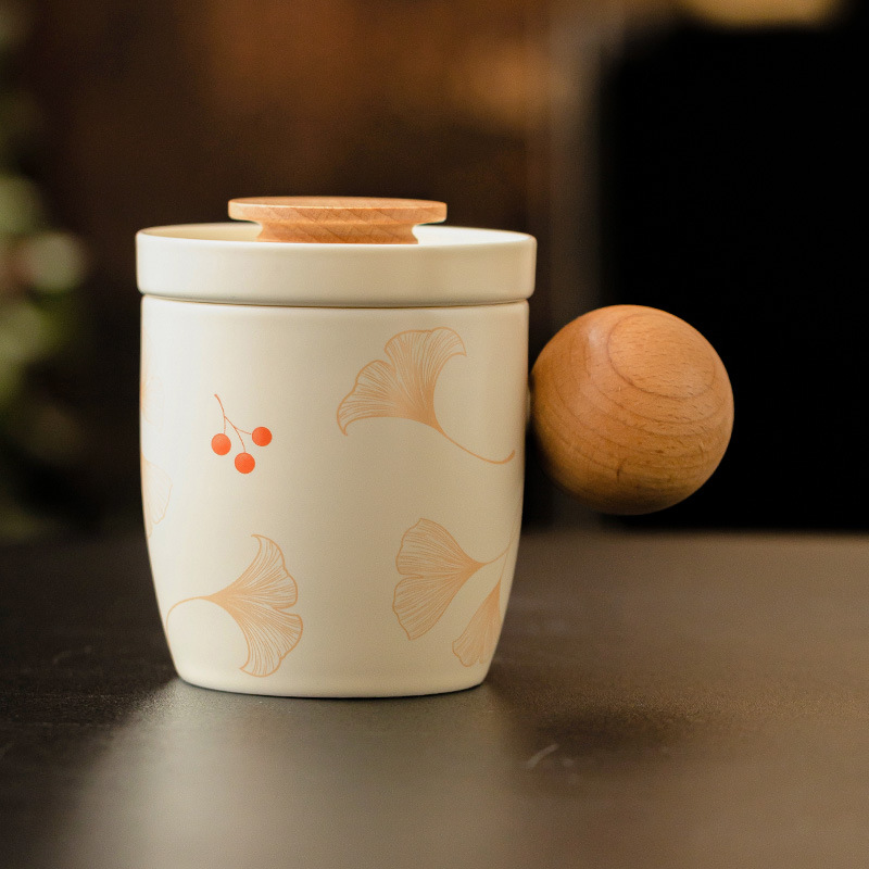 Cốc mug bạch quả màu be có nắp bóng cốc văn phòng cốc tách nước trà gia dụng cốc nước gốm cốc trà đơn