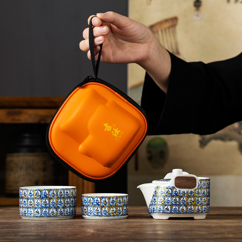Bộ trà du lịch gốm sứ bộ trà kungfu tráng men soda cầm tay gia dụng du lịch cốc nhanh cốc trà bát có nắp ngoài trời