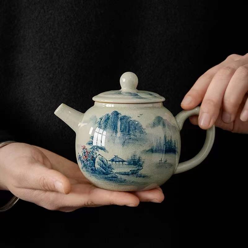 Ấm trà đất sét cổ điển để pha trà, bộ ấm chén trà Kung Fu gốm sứ gia dụng, ấm trà nhỏ thủ công men Ru Kiln lọc trà hoa đơn.