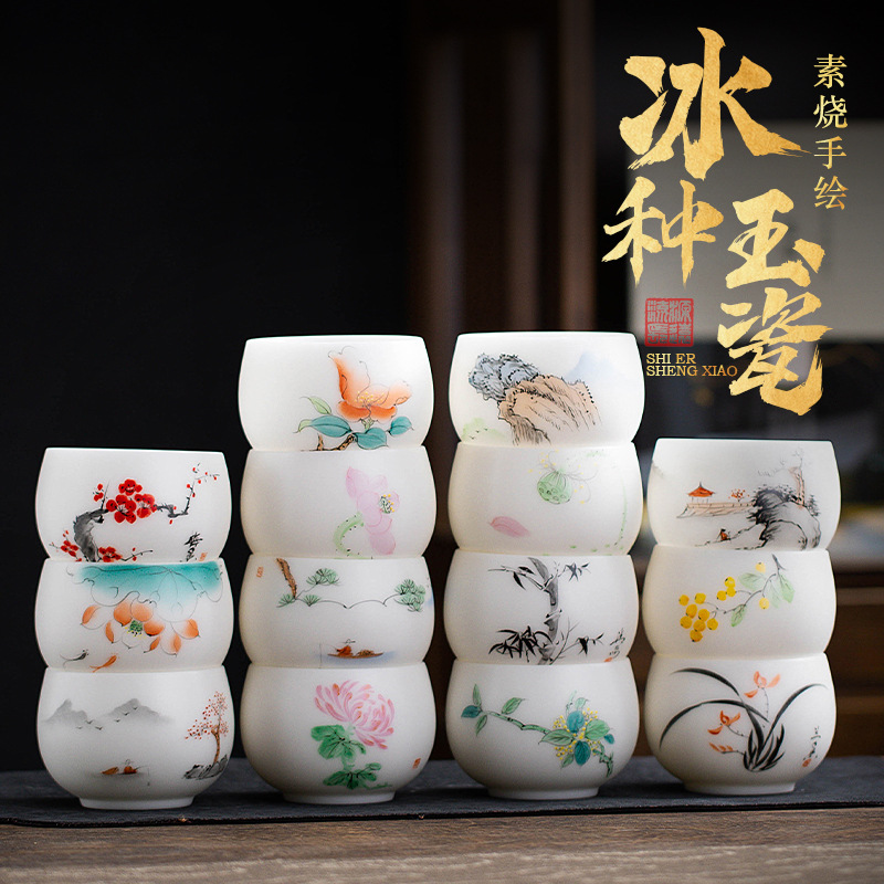 Cốc sứ ngọc bích vẽ tay, cốc trà dung tích lớn, cốc trà cá nhân, hộp quà tặng cốc la hán vẽ tay