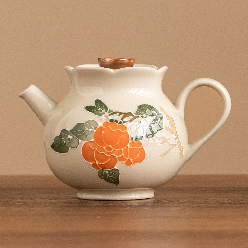 Vẽ tay quả hồng, quả hồng, nụ hoa, đống, bộ ấm trà gốm sứ chạm khắc, ấm đơn, dụng cụ pha trà Kung Fu gia dụng không nóng
