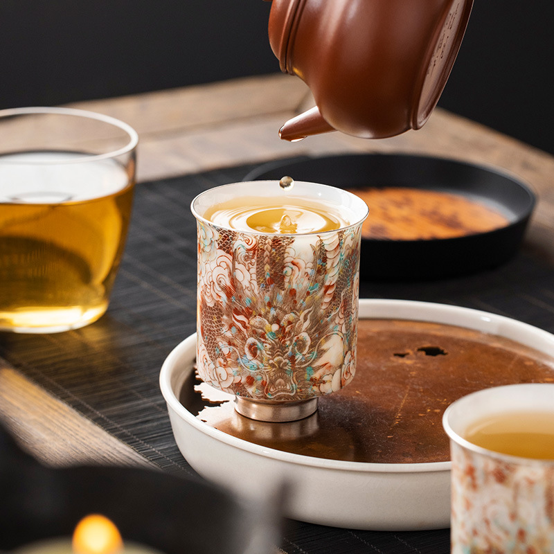 He Fusen Bảo tàng Cung điện Văn hóa và Sáng tạo Chén trà mạ bạc Bộ trà Longteng Sihai Quà tặng sinh nhật cho các chàng trai và người lớn tuổi kèm theo quà tặng