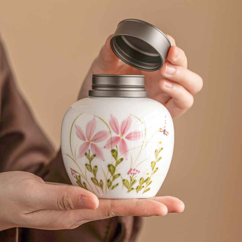 Hộp đựng trà bằng gốm sứ vẽ tay, hộp đựng trà cao cấp, hộp đựng trà cầm tay cỡ nhỏ, hộp đựng trà