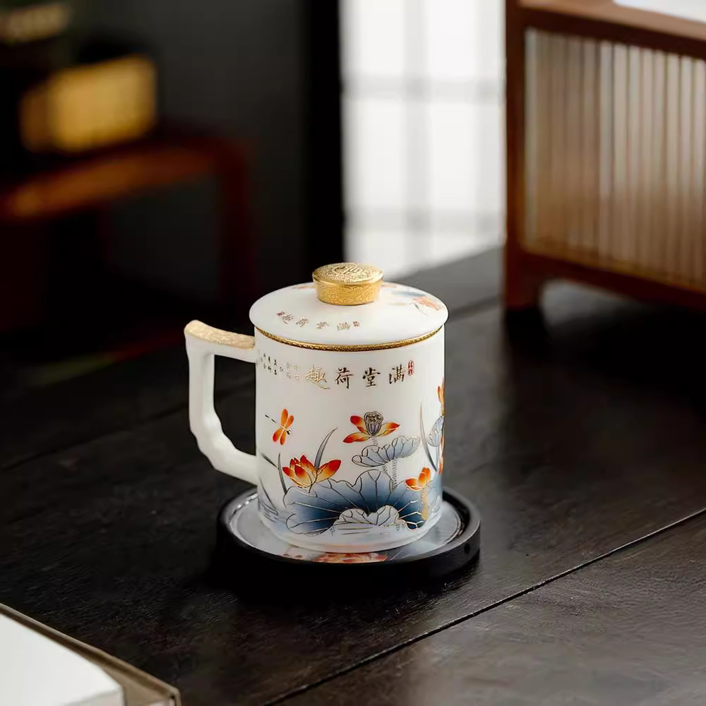 Cốc văn phòng bằng sứ trắng ngọc bích cốc nước gốm sứ gia dụng kiểu Trung Quốc tách trà cốc cốc đựng quà năm rồng