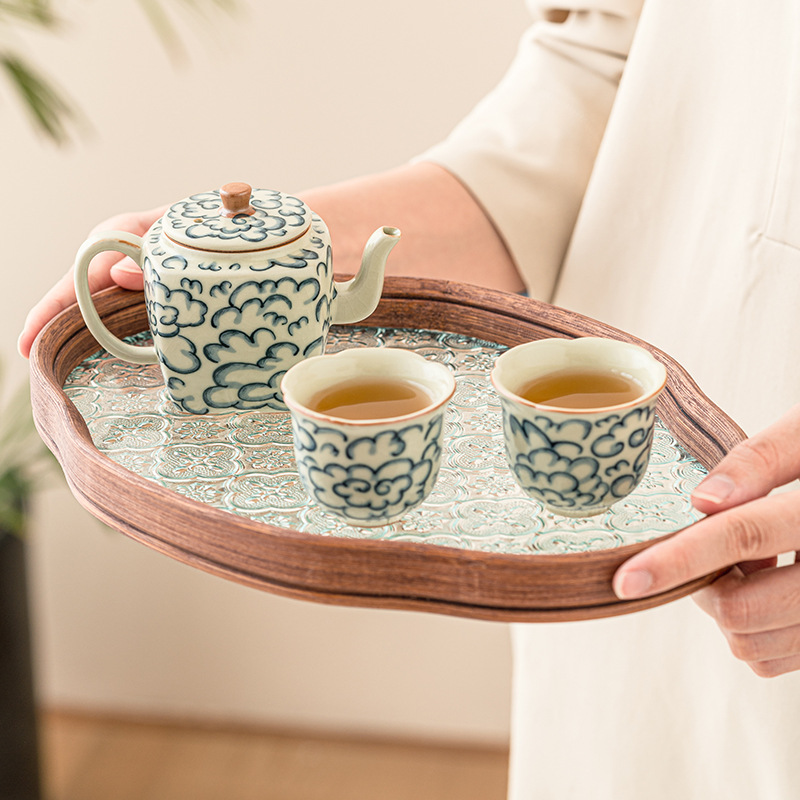 Ấm trà sứ Ru họa tiết đám mây tốt lành, Bộ ấm trà Bộ ấm trà Kung Fu cao cấp kiểu Trung Quốc, ấm trà chống bỏng gia dụng, hai cốc