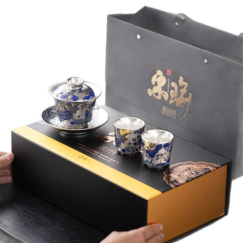Bộ ấm chén trà Song Yu cao cấp, bộ đồ uống bạc dát vàng, chén trà, hộp quà Kung Fu Phượng Hoàng dành tặng lãnh đạo, người lớn tuổi, quà lưu niệm pha trà
