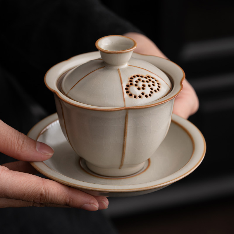 Cốc trà Bát có nắp lò Ru màu vàng cốc trà Bát pha trà cao cấp Kung Fu Đơn Gia dụng bát có nắp Ba tài dụng cụ trà cốc công bằng